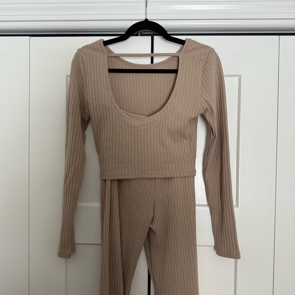 Beige Ribbed Shirt & Pant Set - Picture 2 of 7